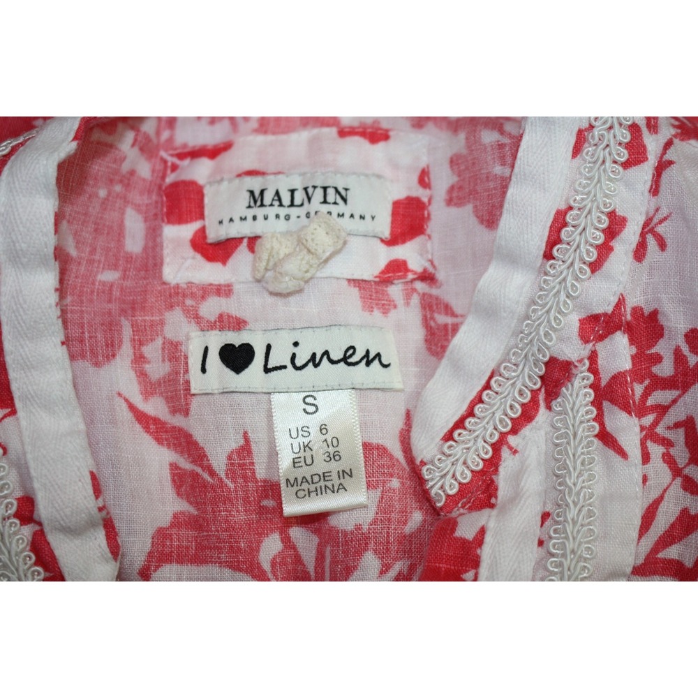 Malvin I Love Linen Blouse Womens Size Small Pink White Mandarin Trim Detail Top - Picture 2 of 15